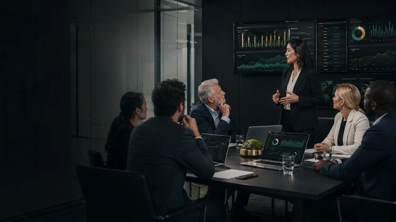 Executive presenting analytics dashboards in a corporate boardroom